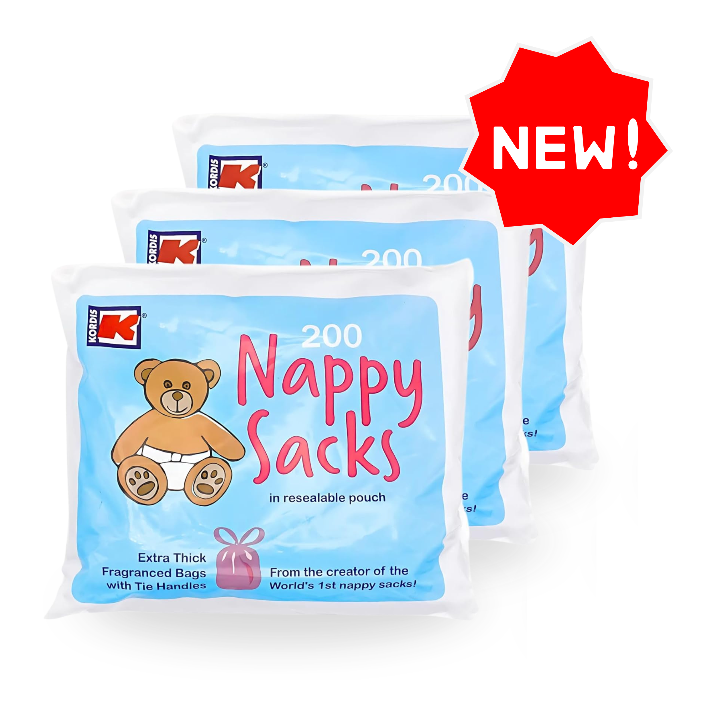 Kordis fragranced recyclable nappy sacks with easy tie handles providing freshness hygiene and confidence with every use